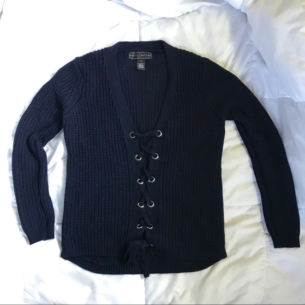 Navy Blue Lace Up Sweater